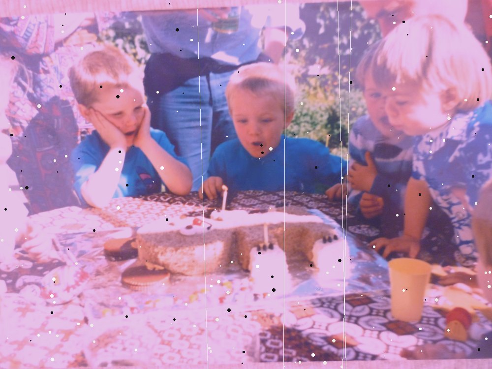 Stage 1: raw scan of a faded Agfa slide with a purple cast and dust specks
