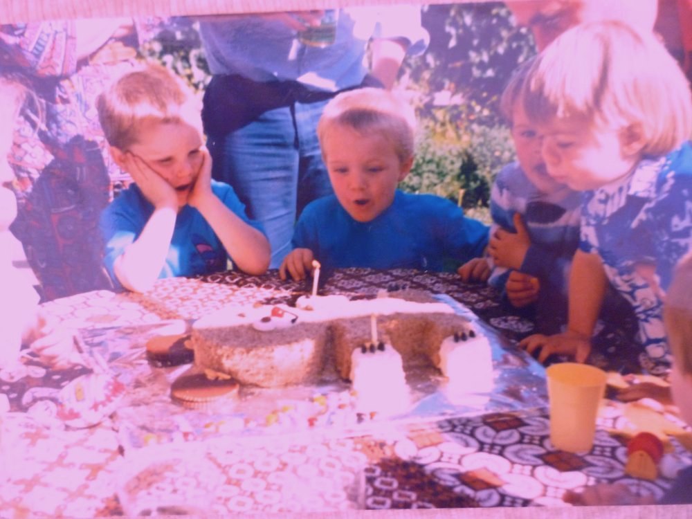 Stage 2: the same faded slide with dust removed and contrast set, purple cast still present